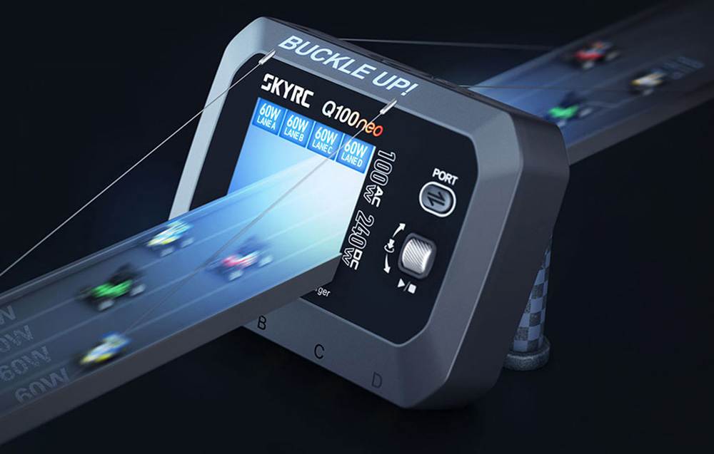 Ładowarka SKYRC Q100neo z graficzną ilustracją wielu kanałów ładowania oznaczonych jako 60W.