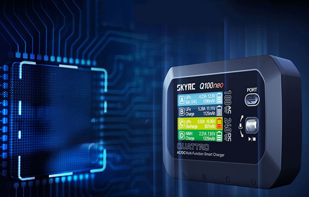 Ładowarka SKYRC Q100neo przedstawiona na tle grafiki układu elektronicznego.