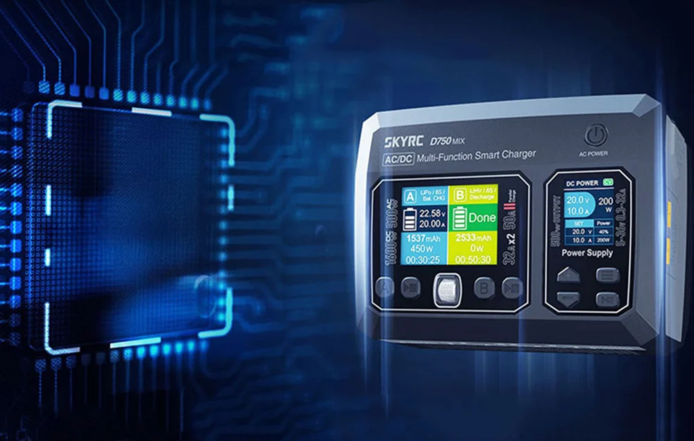 Ładowarka SKYRC D750 MIX na tle grafiki układu elektronicznego.