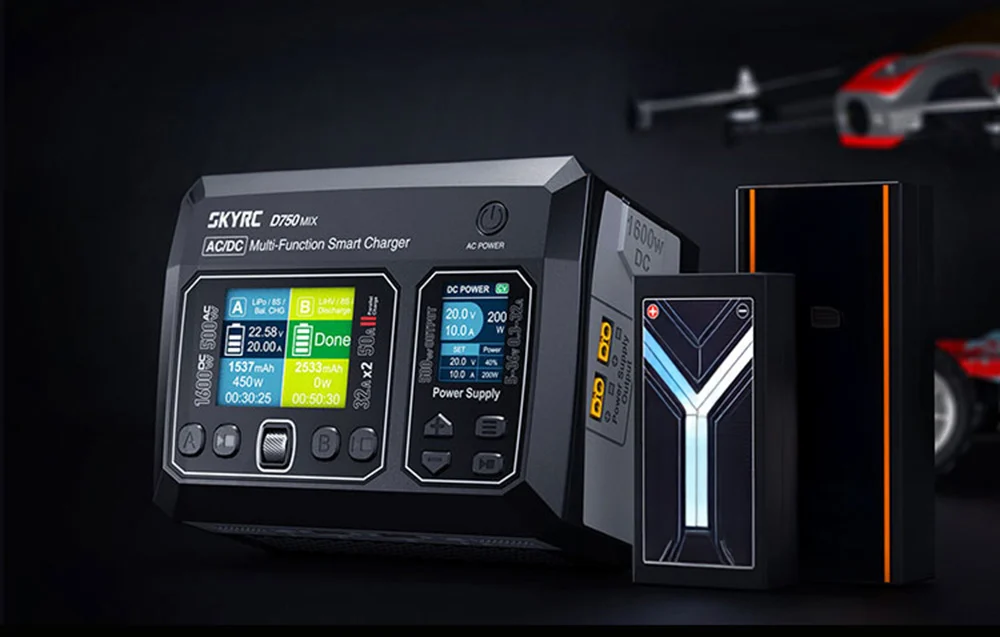 Ładowarka SKYRC D750 MIX ustawiona w ciemnym pomieszczeniu