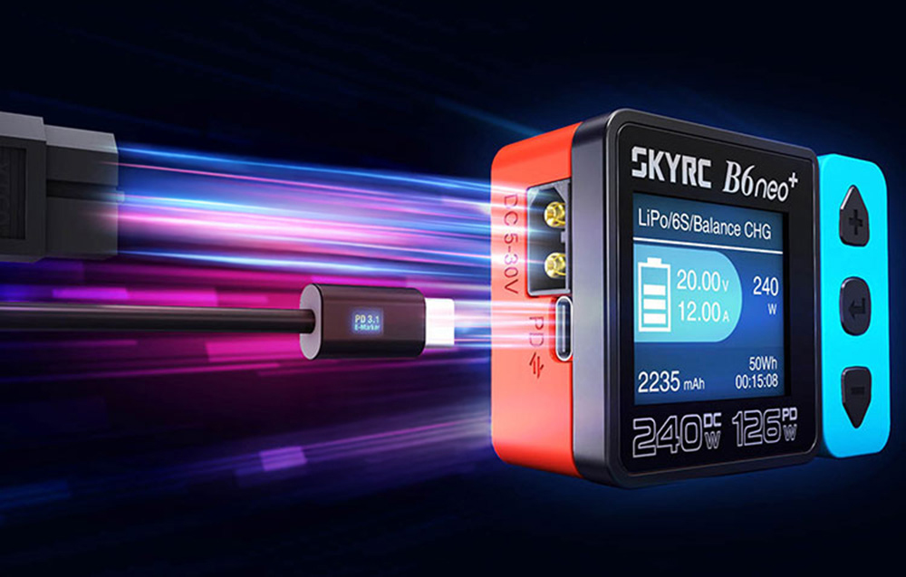 Inteligentna ładowarka SkyRC B6neo+ z portami do których podłączane są kable